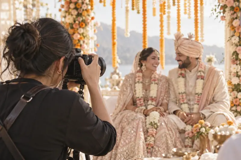 A Golden Phere photographer photographing a laughing couple at a marigold mandap