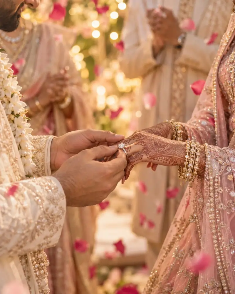 A groom slipping an engagement ring onto the bride's finger