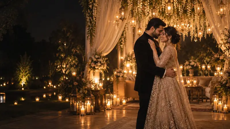 A couple slow dancing in a candle-lit garden pavilion at night