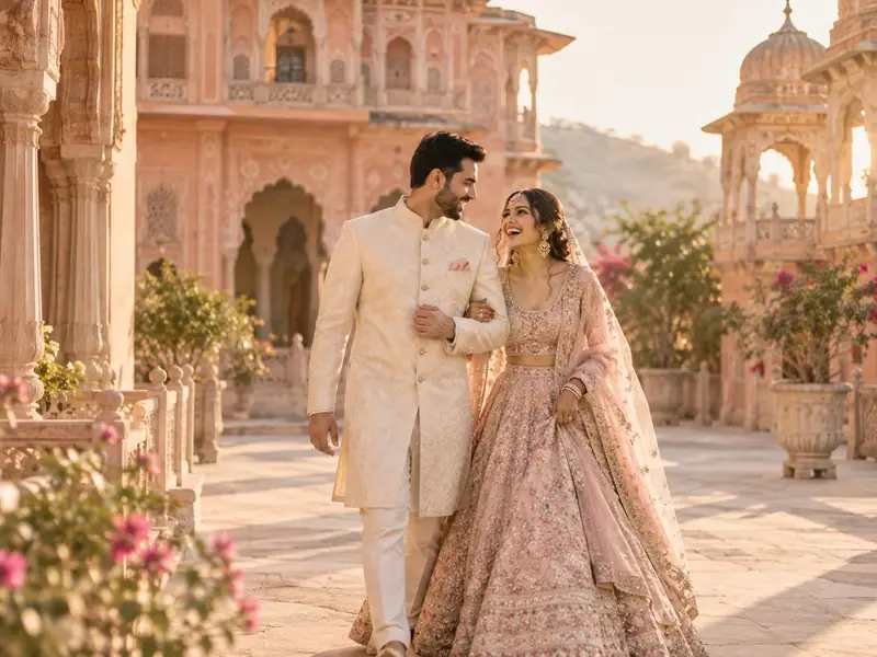 Anisha and Rohit walking through a pink sandstone palace courtyard in Jaipur