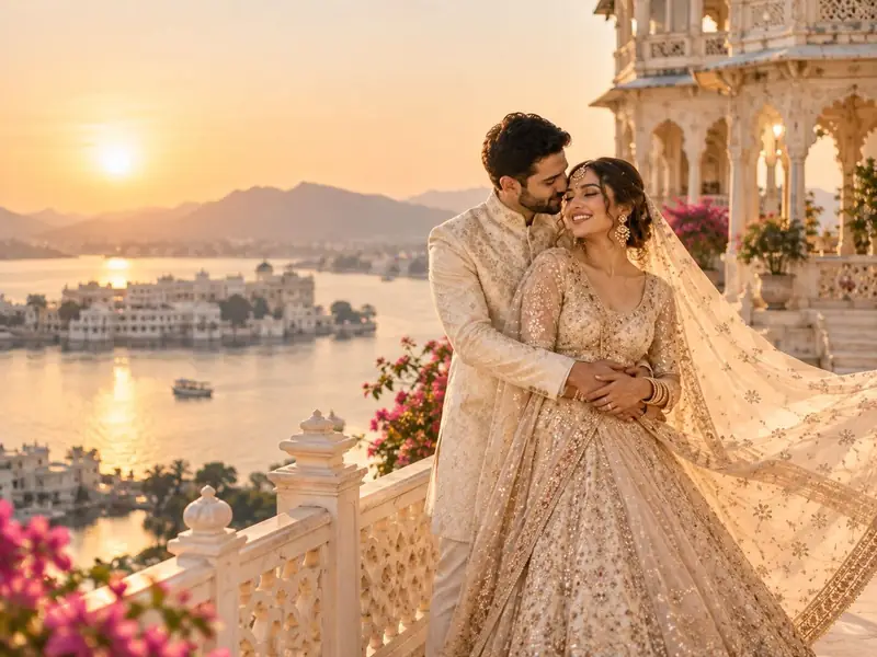 Priya and Karan on a marble terrace above Lake Pichola in Udaipur