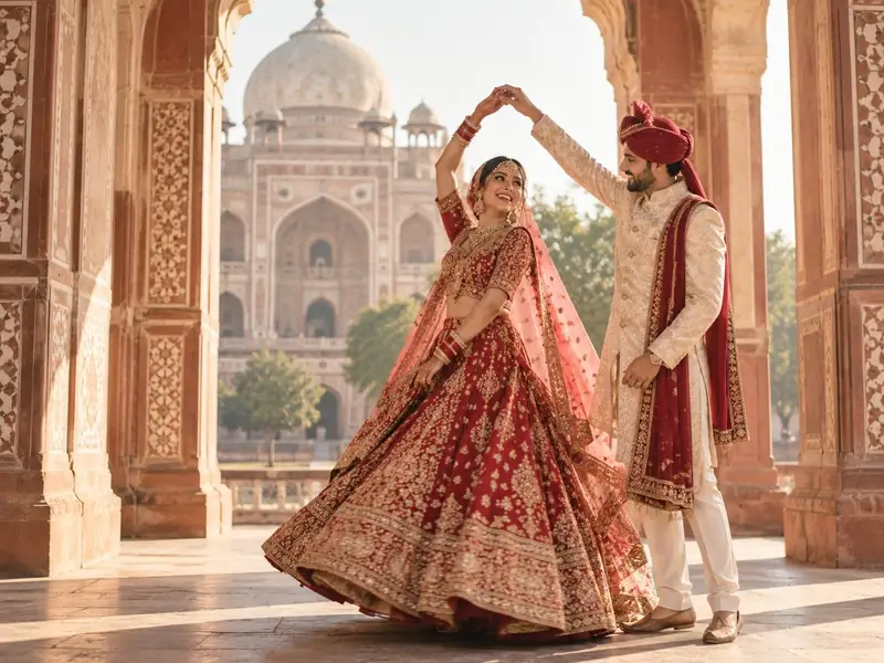 Simran twirling in a red lehenga beneath Mughal arches in Delhi