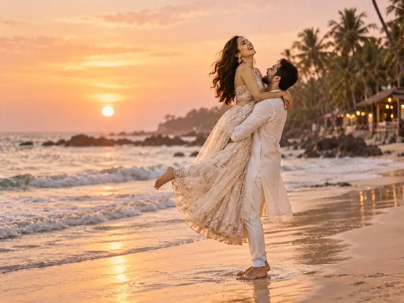 Arjun lifting Megha on a Goa beach at sunset