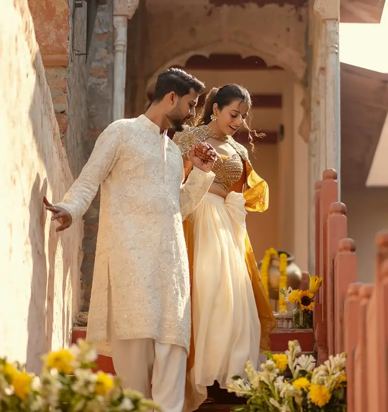 The couple on narrow red stairs lined with brass pots of sunflowers