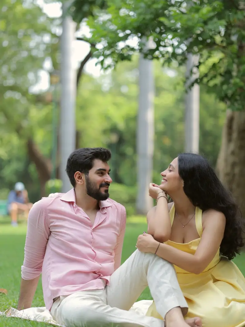 The couple sitting on the grass and laughing together