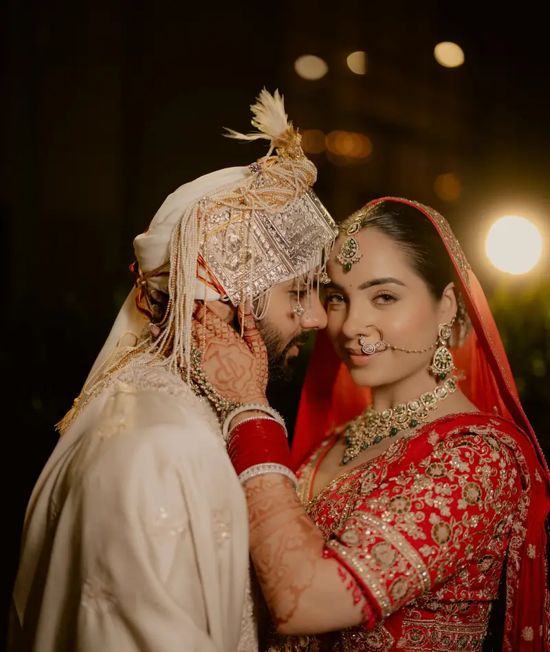 The couple with foreheads together, her hand on his cheek, lights glowing behind