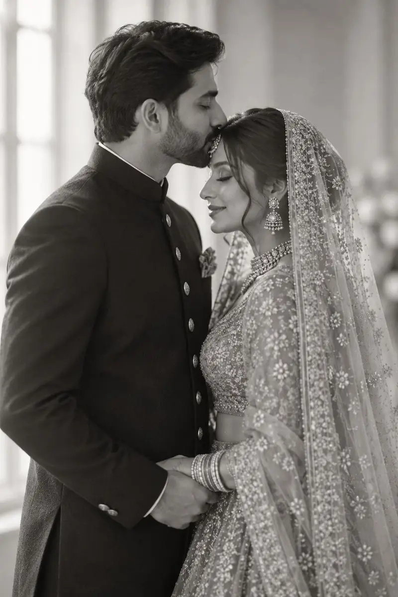 Black and white photo of a groom kissing the bride's forehead
