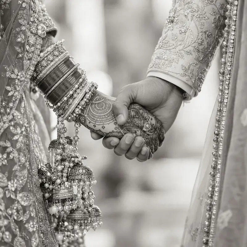Close-up of a couple's hands, hers covered in mehendi and bangles